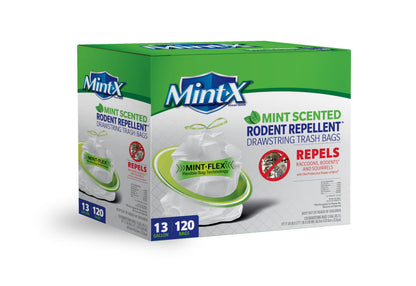 Mint -X Rodent Repellent Indoor Tall Kitchen Drawstring Trash Bags with Mint-Flex Technology; 13 Gallon, 120 Count, White