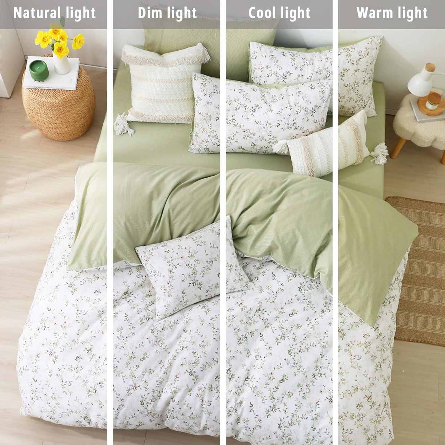 LEMIROE Botanical Cotton Comforter King Size - Tender Green Comforter Printed with Leafy Branches & Purple Stamens on Off-White,Reversible Lightweight Bedding Sets 3Pcs