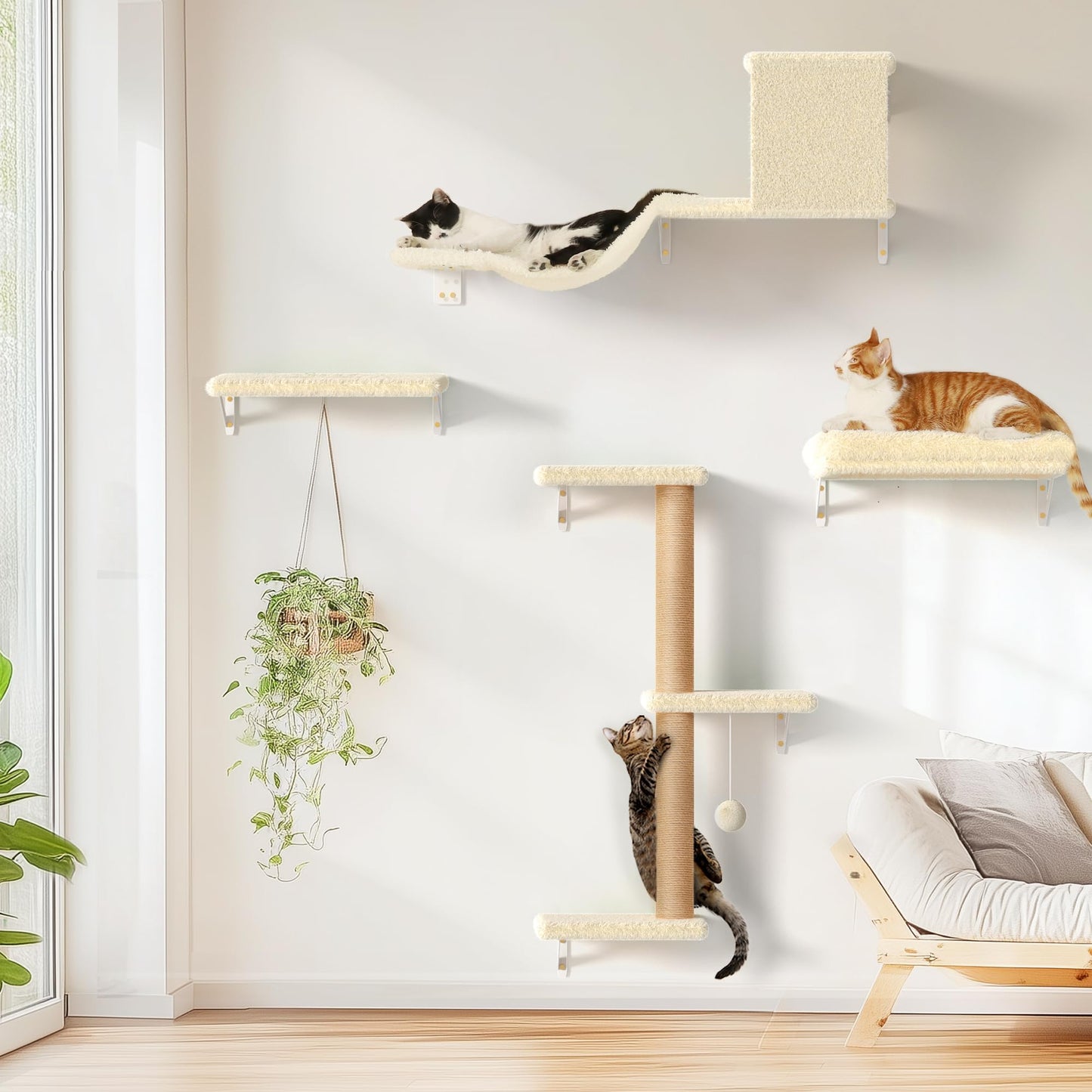 FUKUMARU Cat Wall Shelves, Stable & Safe 4 in 1 Large Cat Walls Furniture Set, Wooden Kitten Climbing Wall with Scratching Post for 16 Inch Drywall - Beige