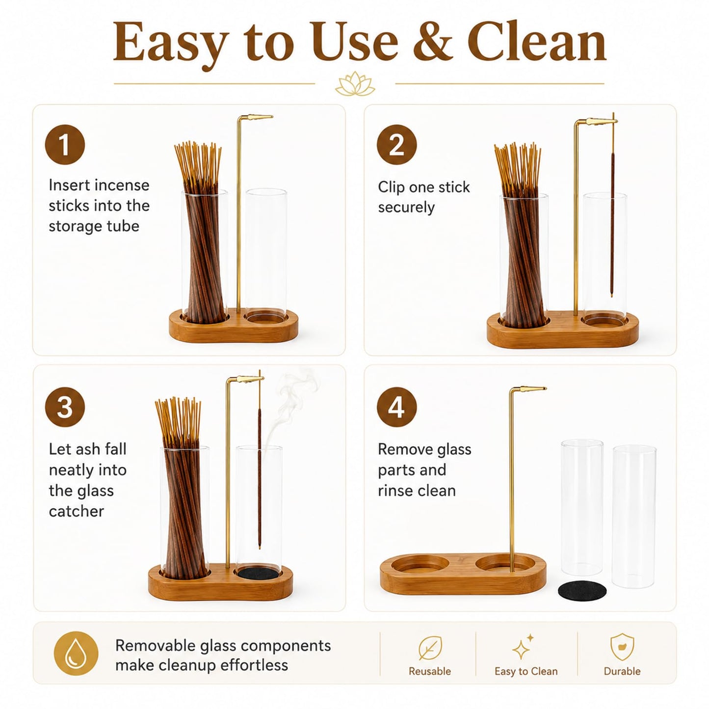 2 in 1 Incense Stick Holder - Glass Incense Holder with Ash Catcher & Incense Storage and Sticky Pads, Anti-Ash Flying Incense Stick Burner for Meditation Yoga Spa Home Office Decor