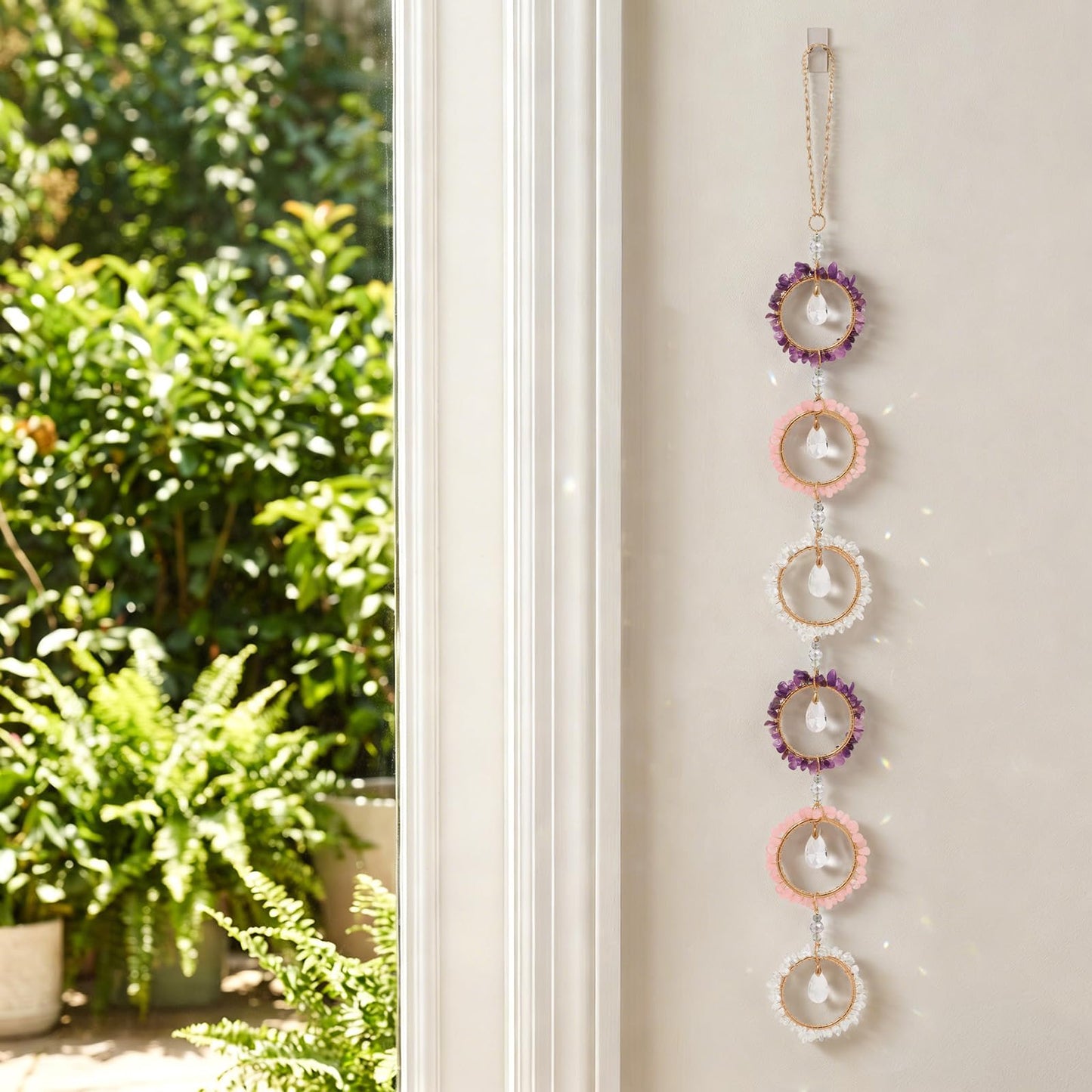 Pendlixy Emotional Healing Crystal Wall Decor Suncatcher, Amethyst Rose Quartz Clear Quartz Emotional Healing Hanging Crystals for Window, Stress Relief Gemstone Wall Hanging Gift