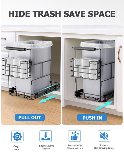 Bulado Pull Out Trash Can Under Cabinet, Under Sink Trash Can Kit for 7.5-10 Gallon with Garbage Bag Holder, Heavy Duty Steel Frame, Holds Up to 125 lbs, Easy to Install (Bin Not Included)