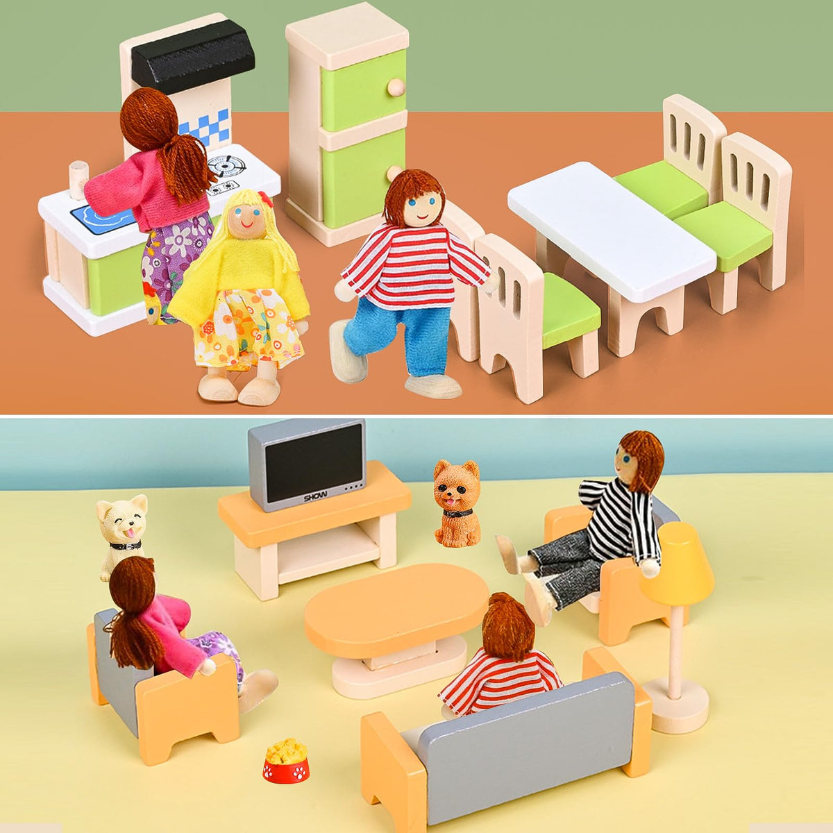 HAPGFS 36PCS Wooden Dollhouse Furniture Set with 4 Flexible Family Dolls - 5 Room Realistic Doll House Accessories for Toddlers 3 4 5 6, Pretend Play Toys Gift for Birthday and Christmas
