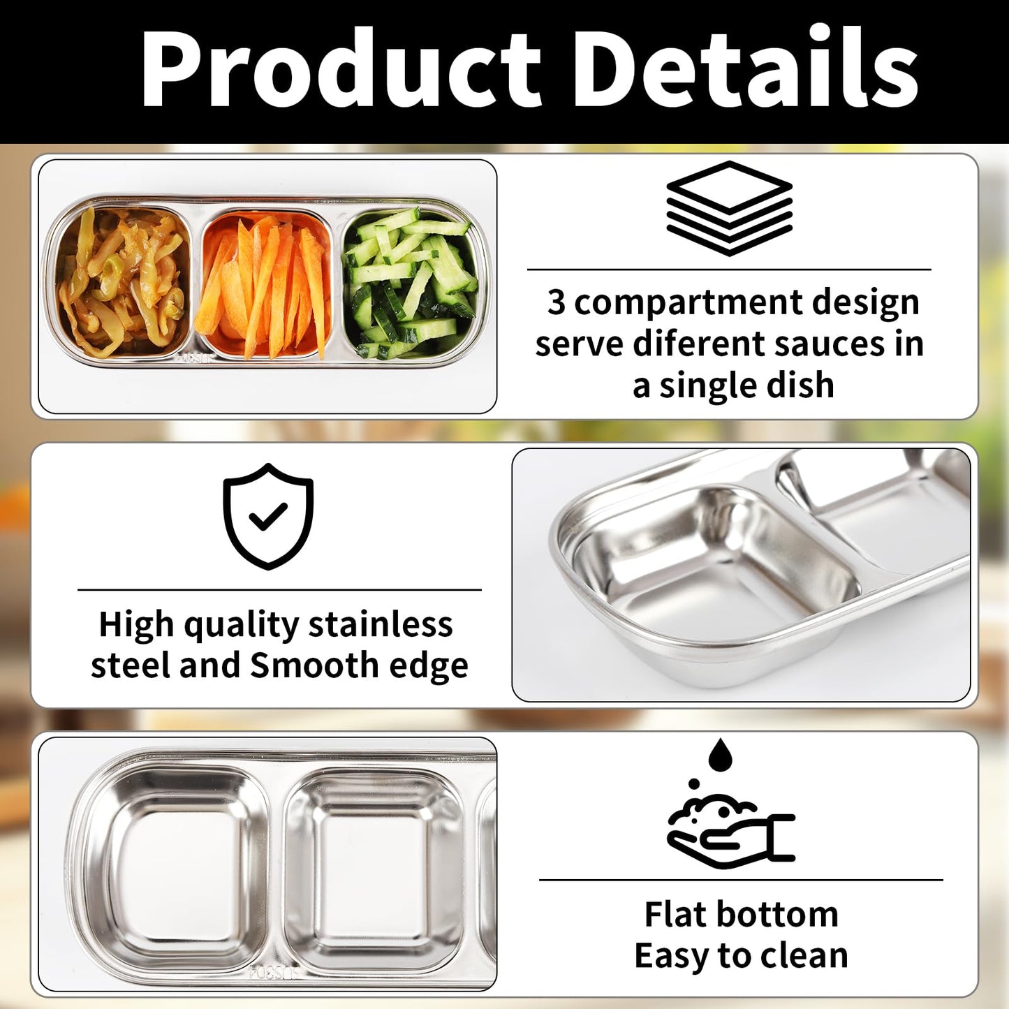 18 Pcs Soy Sauce Dishes, Stainless Steel Divided Dip Bowls, Korean 3-Compartment Sauce Plates for Home Restaurant BBQ, Vinegar, Spices, Ketchup, Salt, Sugar, and Flavors