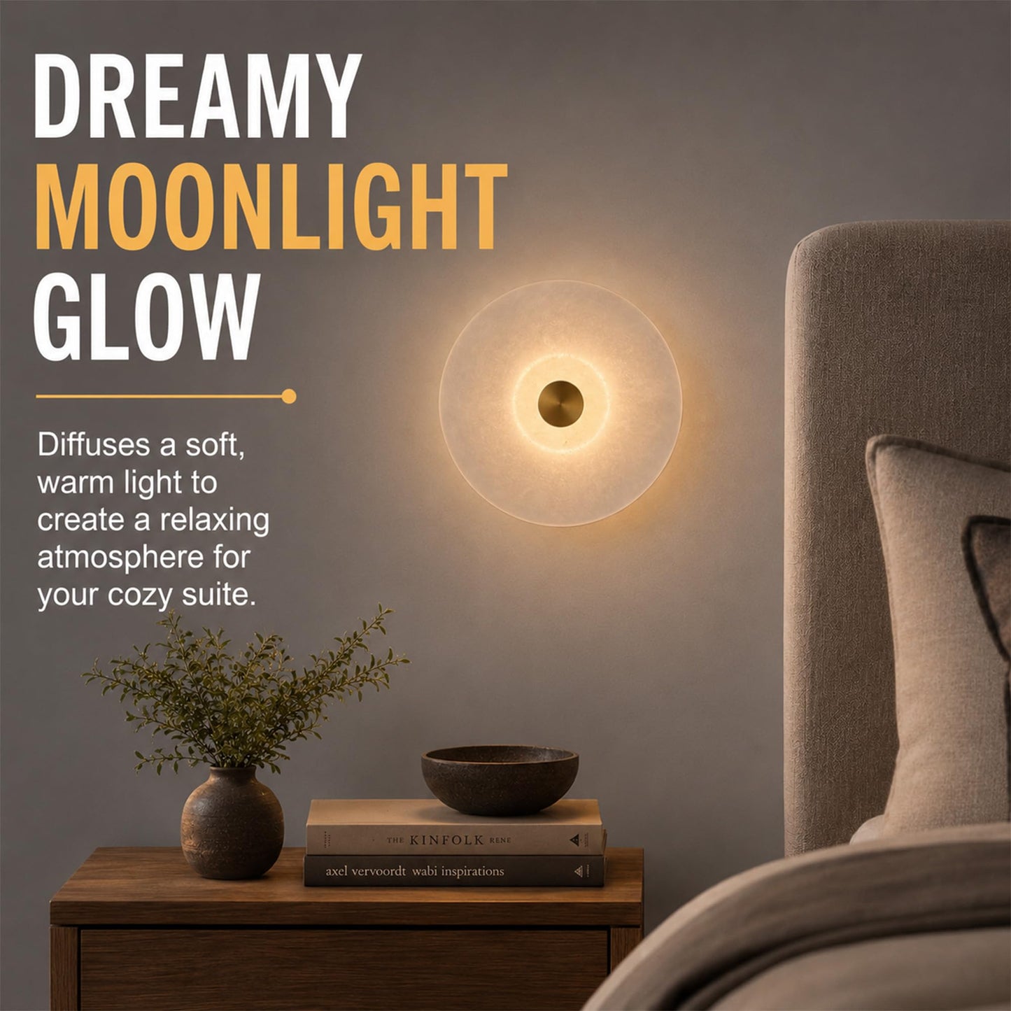 Natural Spanish Alabaster Wall Sconce, Modern Round Marble Wall Light with Unique Veins, Mid-Century Minimalist Stone Wall Lamp for Bedroom, Living Room, Hallway, Alabaster Light Fixture (Brass)