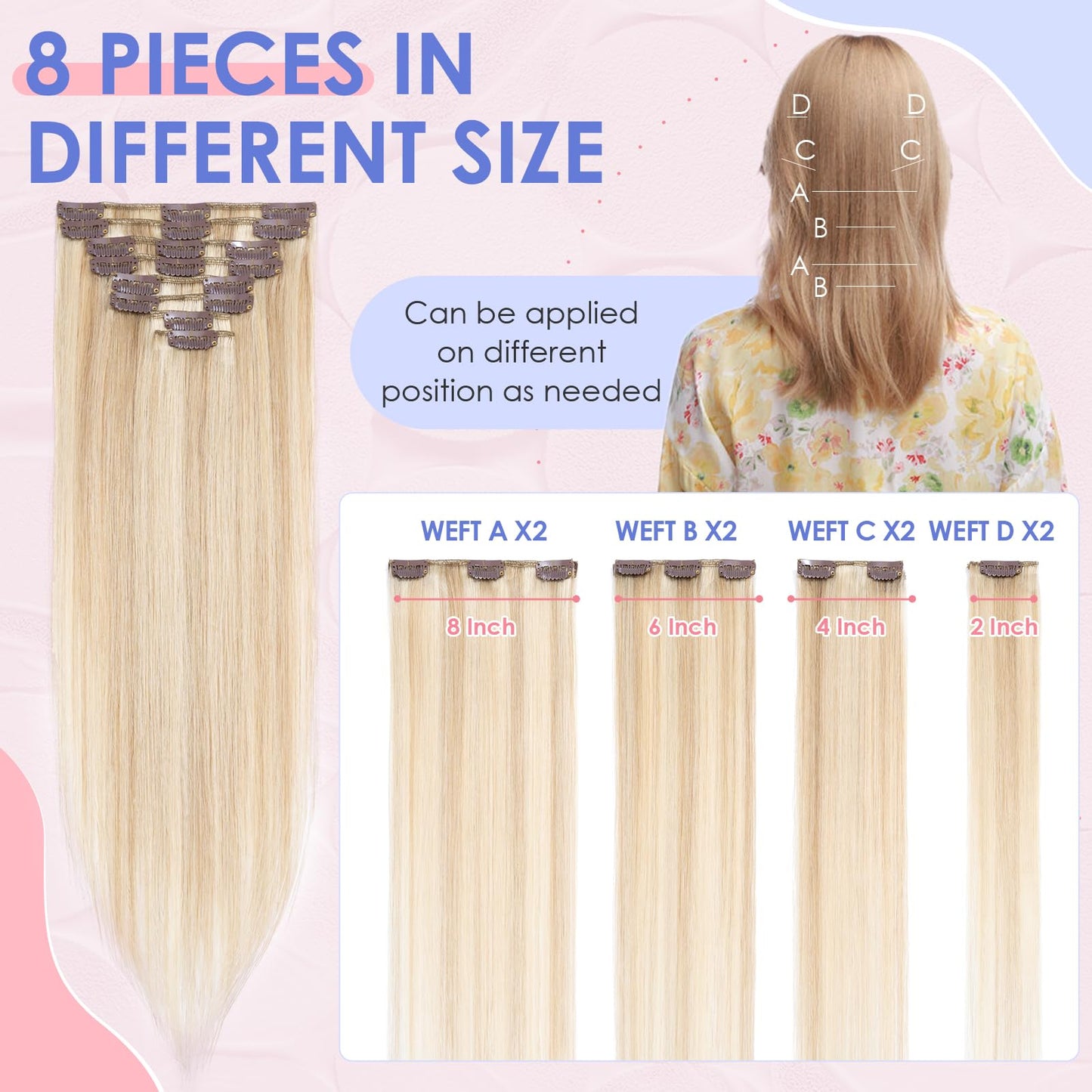 Elailite Clip in Hair Extension Real Human Hair Remy Natural Hair - 8 Pieces (Thin Weft) Full Head Straight - #18/613 Ash Blonde Mix Bleach Blonde - 10 Inch (50 g)
