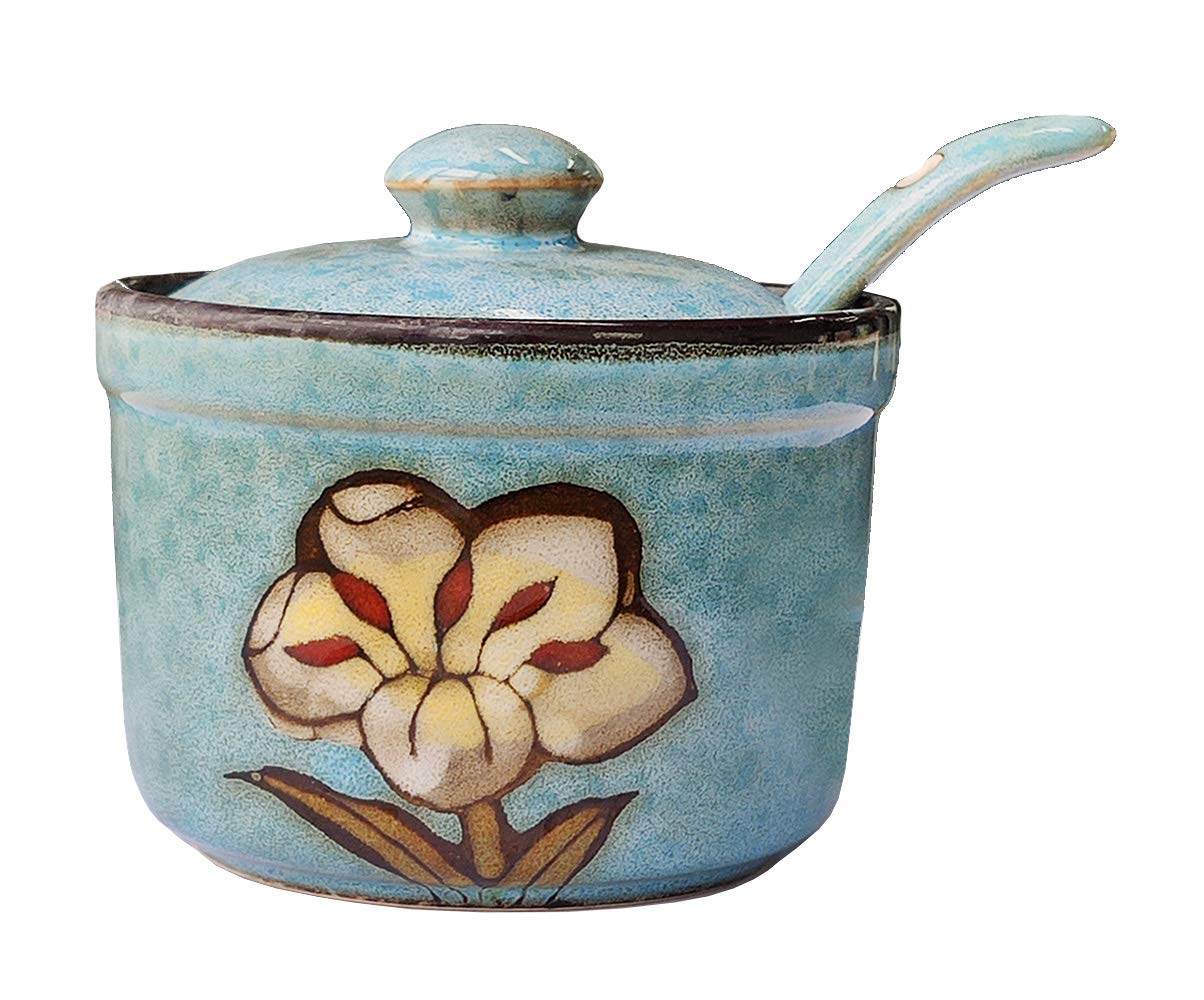 Ceramic Flower Sugar Salt Pepper Storage Jar Seasoning Pot with Spoon