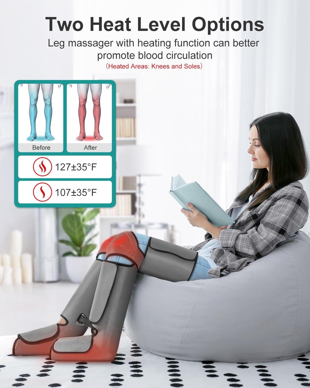 Nekteck Leg Massager for Circulation and Pain Relief, Air Compression Foot Calf Thigh Massager with 2 Heat and 3 Vibration Functions, 6 Modes 3 Intensities, Help for Muscles Relaxation