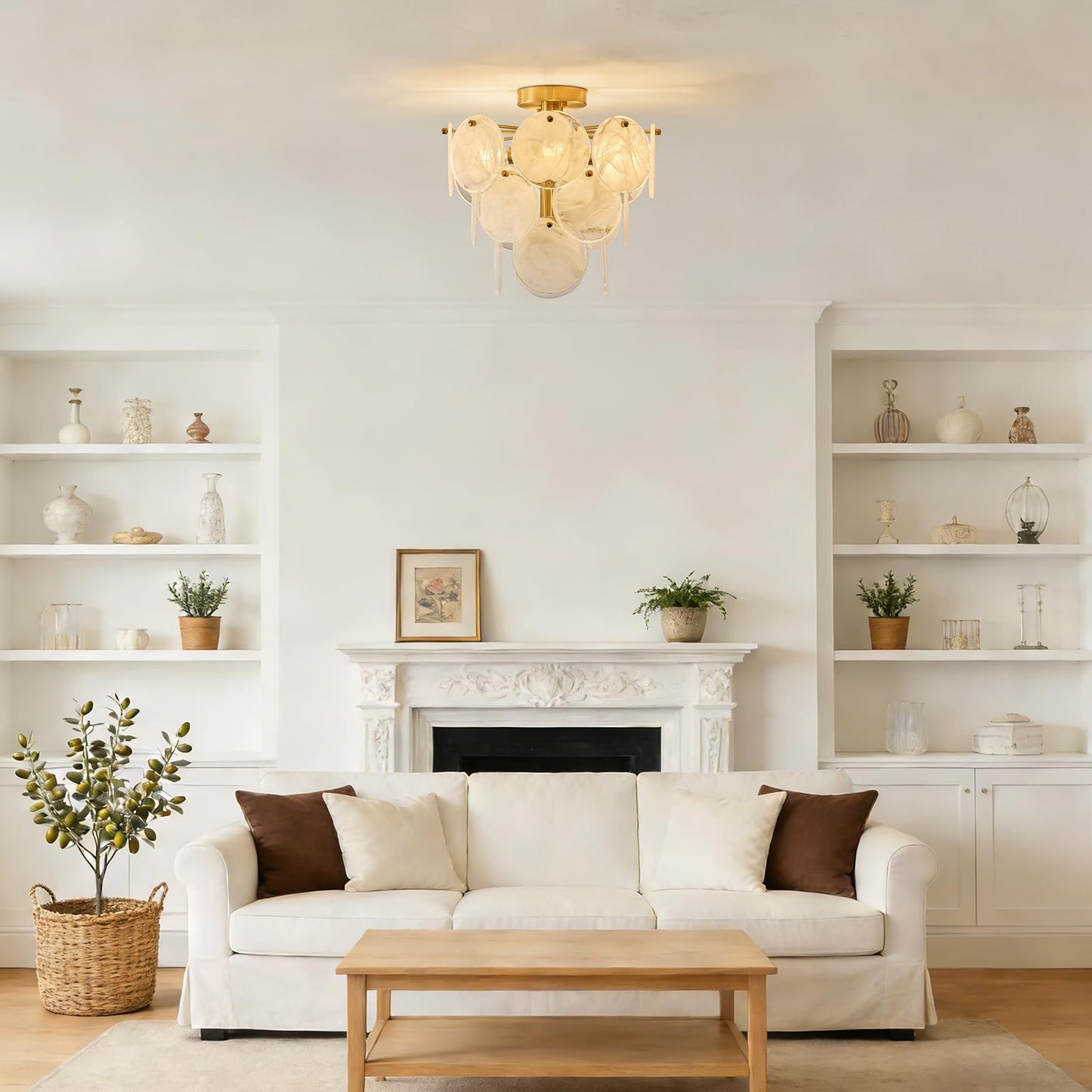 LOZOHOM 15" Brass Gold Semi Flush Mount Ceiling Light,13 lb Sturdy Vintage Flush Mount Chandelier with Unique Cloud Glass, 4-Light Modern Hallway Light Fixtures for Bedroom Laundry Room Foyer Entryway