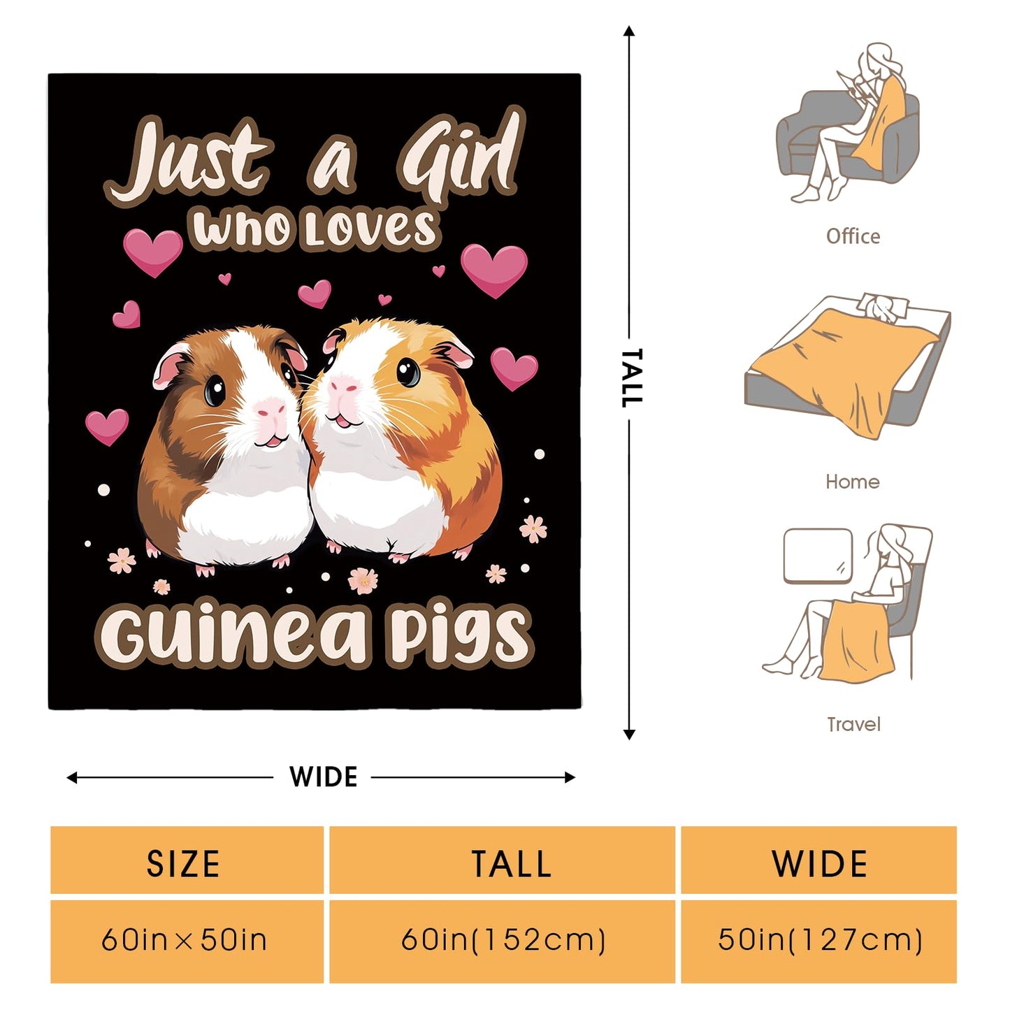 Hohoto Guinea Pigs Blanket Gifts for Women Kids Girls Boys Men Mom Wife Female Friends Birthday Christmas Halloween Easter Gift Decor Soft Plush Throw Blankets Black 50"x60"