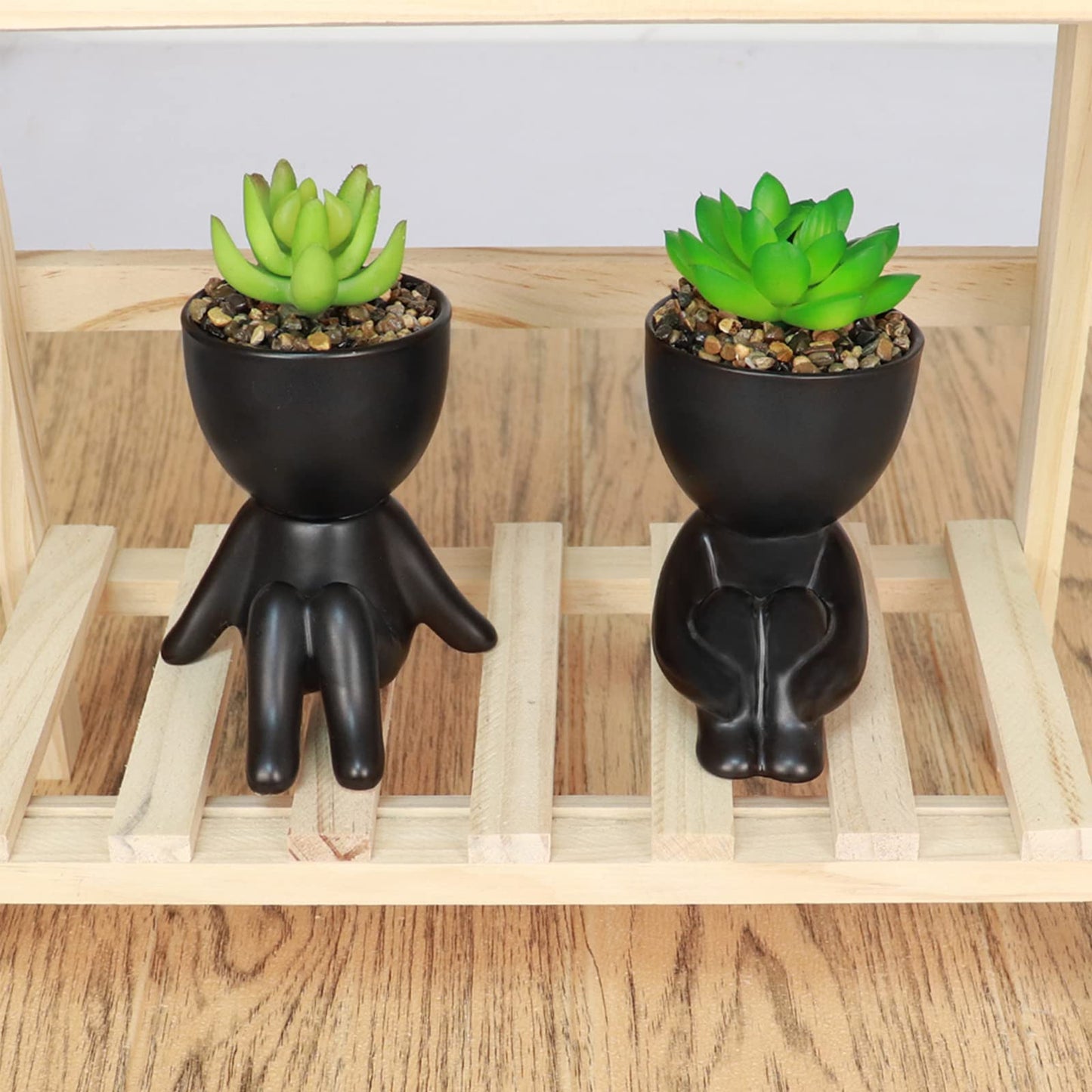 SEMSOIIO Pack of 4 Cute Artificial Succulent Plants in Human Shaped Pots, Funny Desk Decor for Office Women Men, Aesthetic Room Decor, Small Fake Plants for Shelf Bathroom Home Office Gifts (Black)