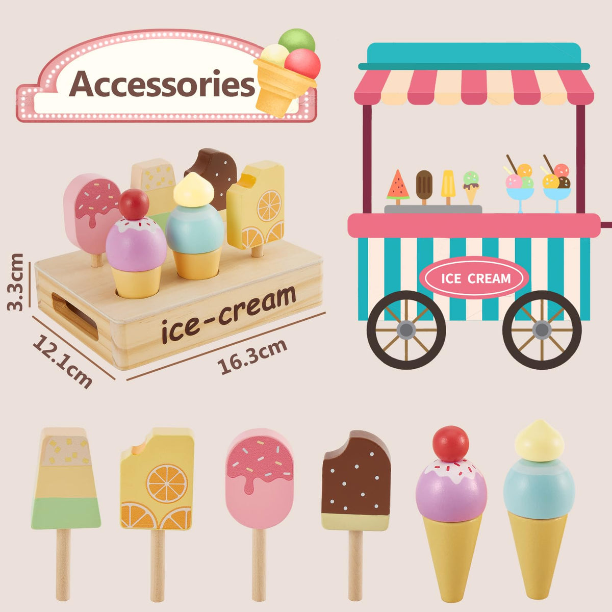 HERSITY Wooden Ice Cream Stand for Kids, Ice Cream Popsicle Toy Pretend Play Food Kitchen Accessories Playset Lolly Shop Games for Toddlers Girls Boys 3 4 5 Years Old