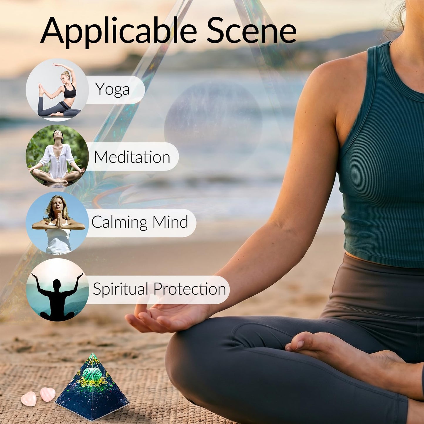 Orgone Crystal Pyramid for Positive Energy, Malachite Sphere Sacred Geometry Healing Crystal Pyramid, Obsidian Crystal Chips Energy Generator, Meditation Energy Healing Decor & 2 pcs Rose Quartz Heart