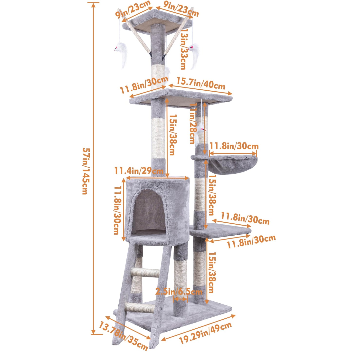 Cat Tree, 145cm Cat Scratching Post Multi-Level Stable Climbing Tower with Ladder, Indoor Pet Activity Furniture Play House for Kitty Kitten