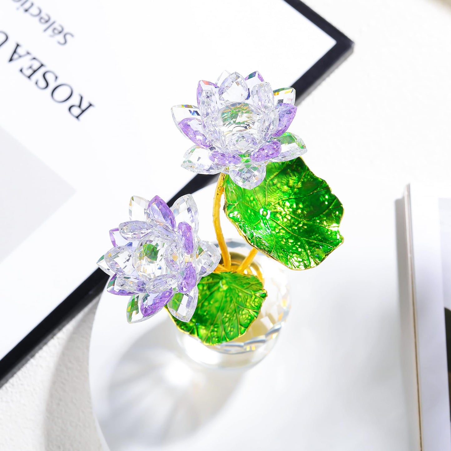 YWHL Purple Crystal Lotus Flower Figurine with Vase, Handmade Lotus Gifts Bouquet for Women on Birthday Christmas Mother's Day, Glass Lotus Flower Home Party Office Decor