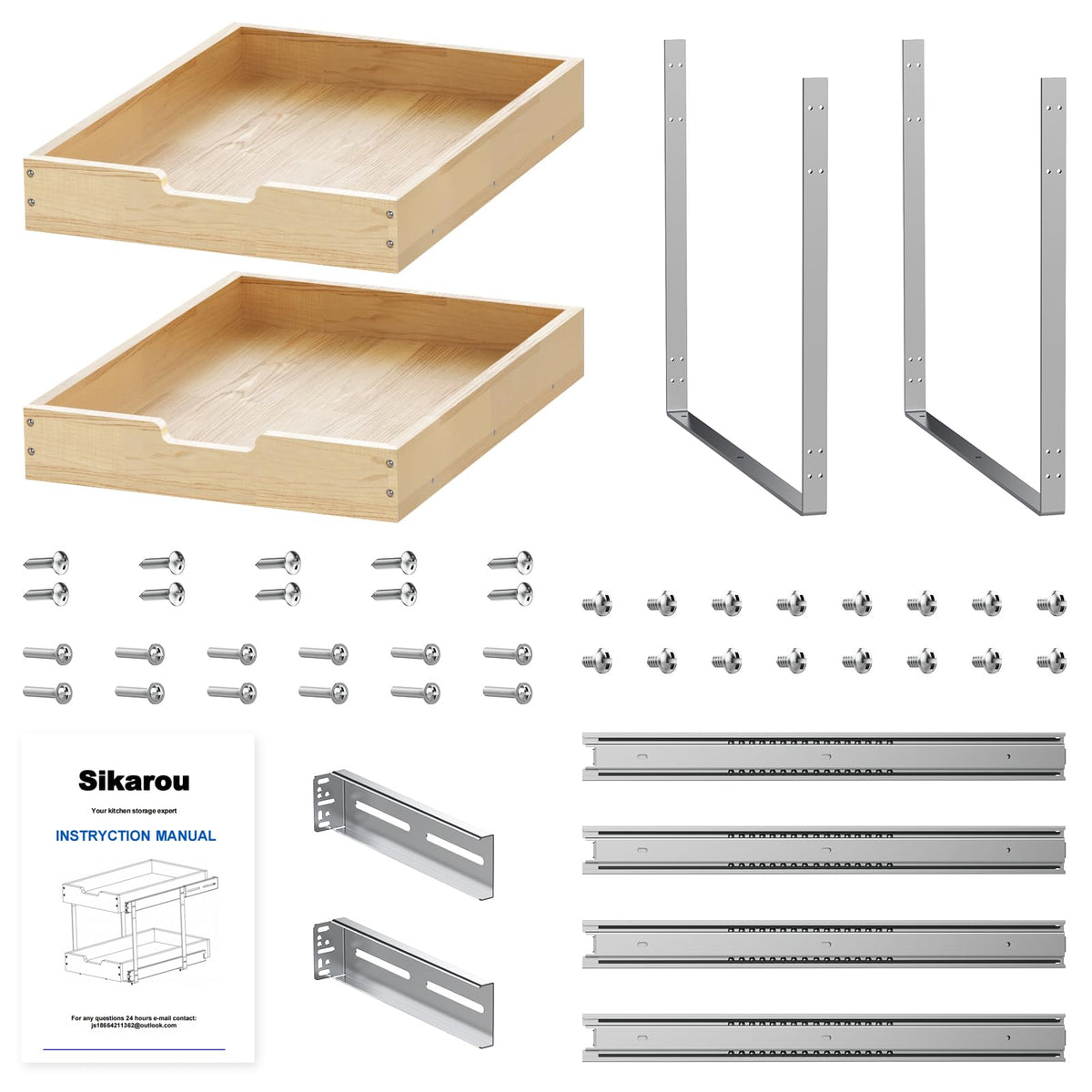 Sikarou Wood Pull Out Cabinet Organizer 2 Tie 23" W x 21" D, Heavy-Duty Sliding Drawers for Inside Cabinets Storage and Organization for Kitchen, Pantry, Bathroom