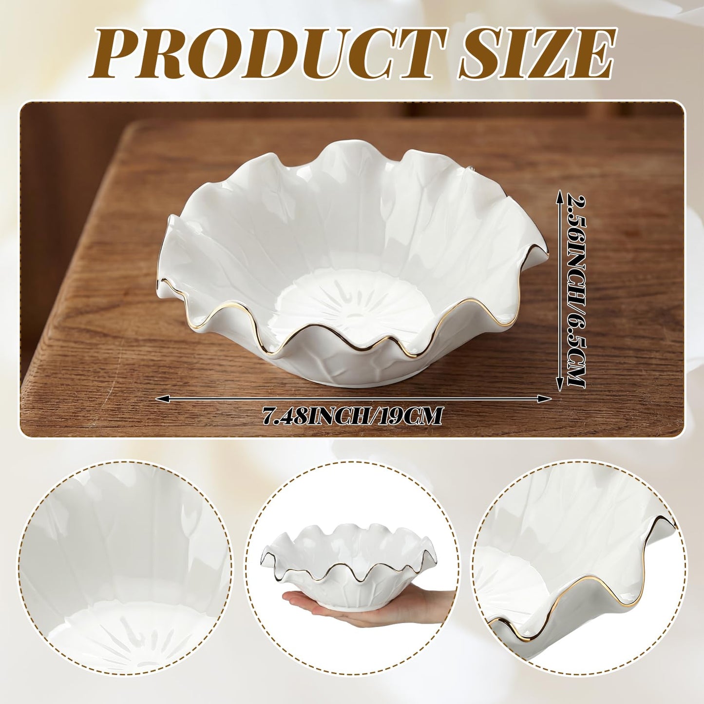 Ferrochef 2 Pack White Lotus Ceramic Decorative Bowls 7.48 x 2.56 Inch Ruffle Lotus Leaf Scalloped Bowl with Gold Trim for Coffee Table Counter Keys Coins Catchall