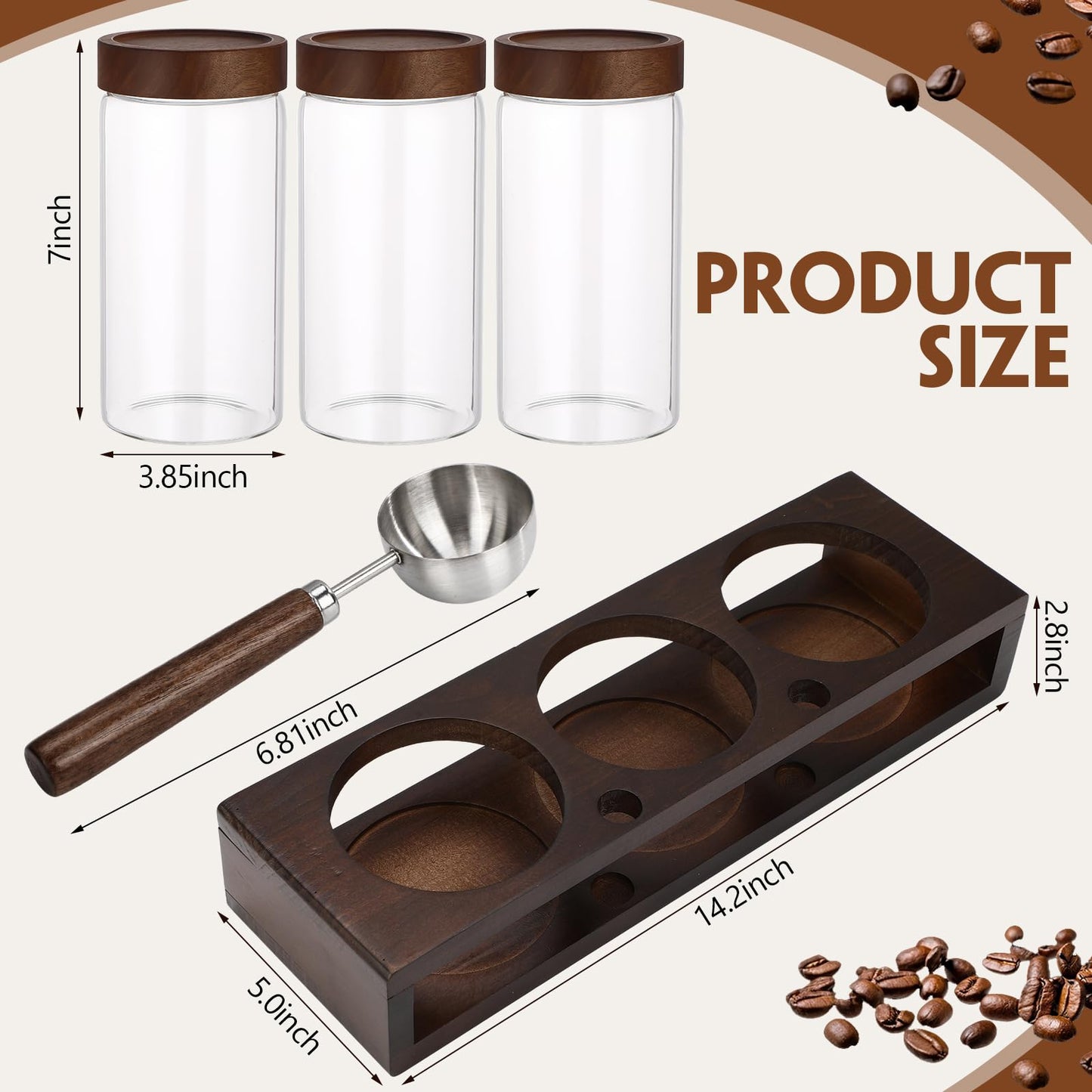 Suclain 3 Pcs Glass Coffee Bean Container 44 oz Airtight Coffee Canister with Shelf and Measuring Spoon Kitchen Food Canister Jar for Sugar Candy(Fashion Style)
