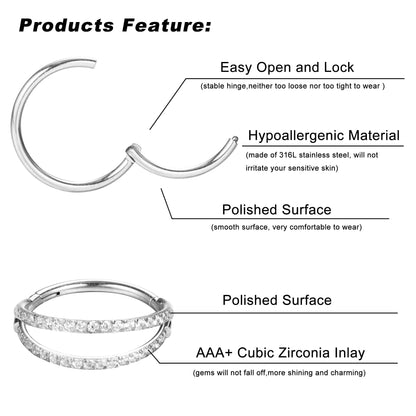 Dochais 4 Pieces Nose Ring 18G, Septum Ring Clicker, Nose Ring Stainless Steel, Septum Piercing Jewellery, Daith Piercing Hoop for Women Men Silver 8mm