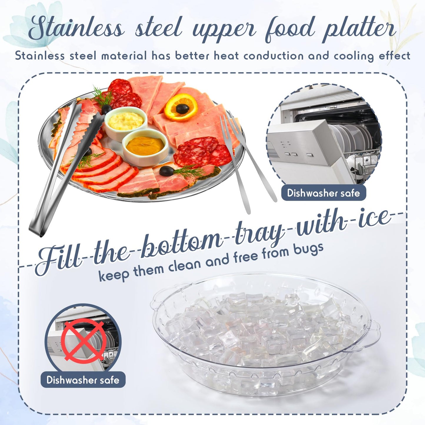 Baderke 2 Sets 11.8" Chilled Serving Tray for Parties Round Iced Platter with Ice Underneath Stainless Steel Clip Fruit Fork Shrimp Cocktail Serving Dish for Oysters Crawfish Fruits (Original)
