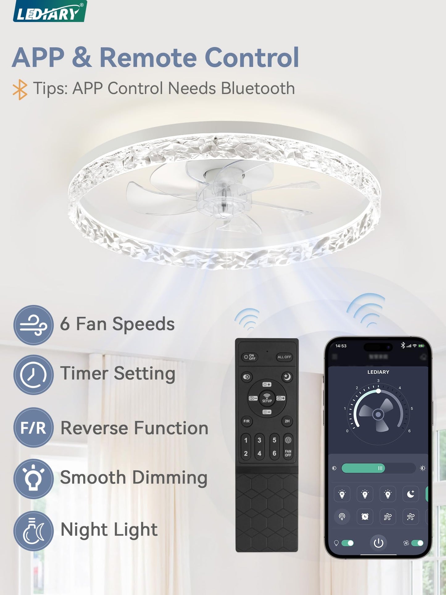 LEDIARY 20" Modern Ceiling Fans with Lights and Remote, Dimmable Low Profile Ceiling Fan, Flush Mount Ceiling Fan, Stepless Color Temperature Change and 6 Speeds - White