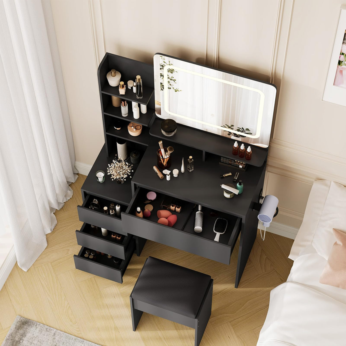 Vanity Desk with Mirror and Lights - 36" Vanity Table Set with 4 Drawers, Power Outlet, USB Ports, Stool, Dressing Table with 3 Lighting Color Adjustable for Bedroom, Women,