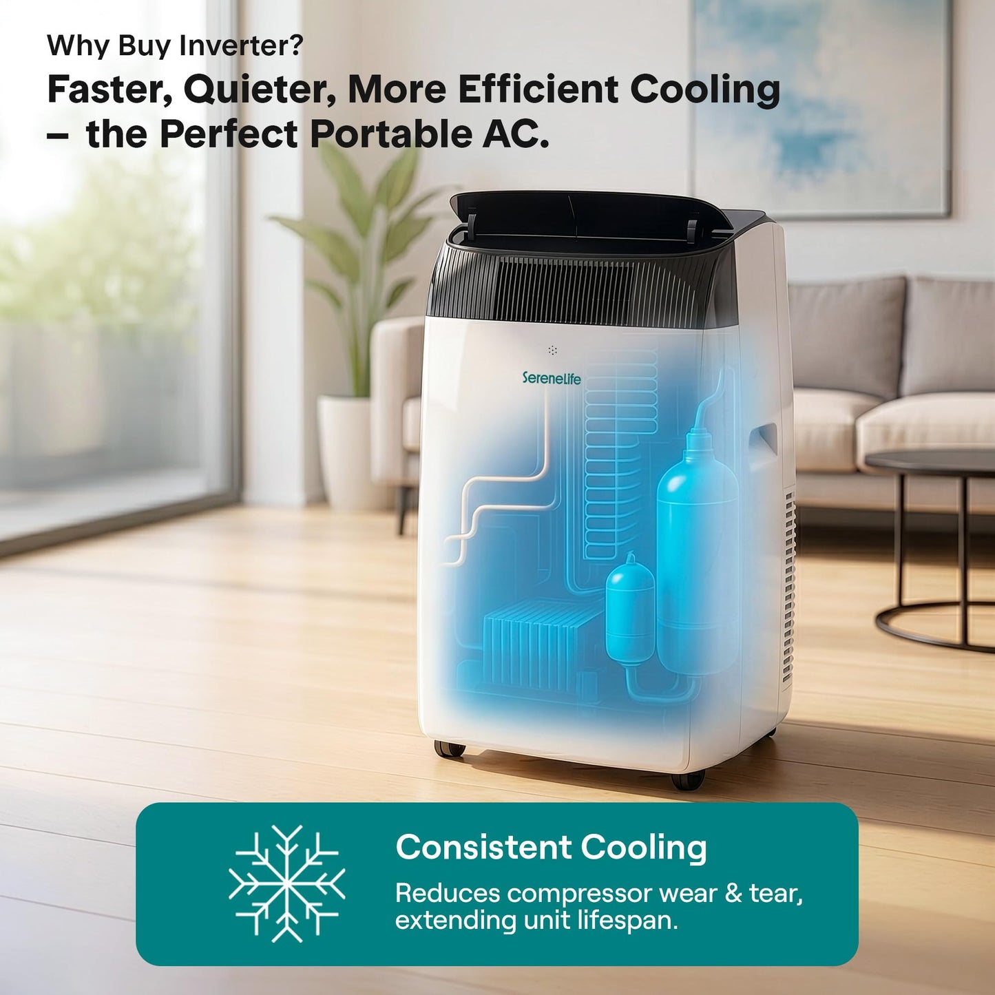 SereneLife 16,000 BTU Dual Hose Inverter Portable Air Conditioner | Portable Air Conditioner with Heat, Dehumidifier & Fan | Floor AC Unit for Bedroom, Living Room, & Office with Window Kit