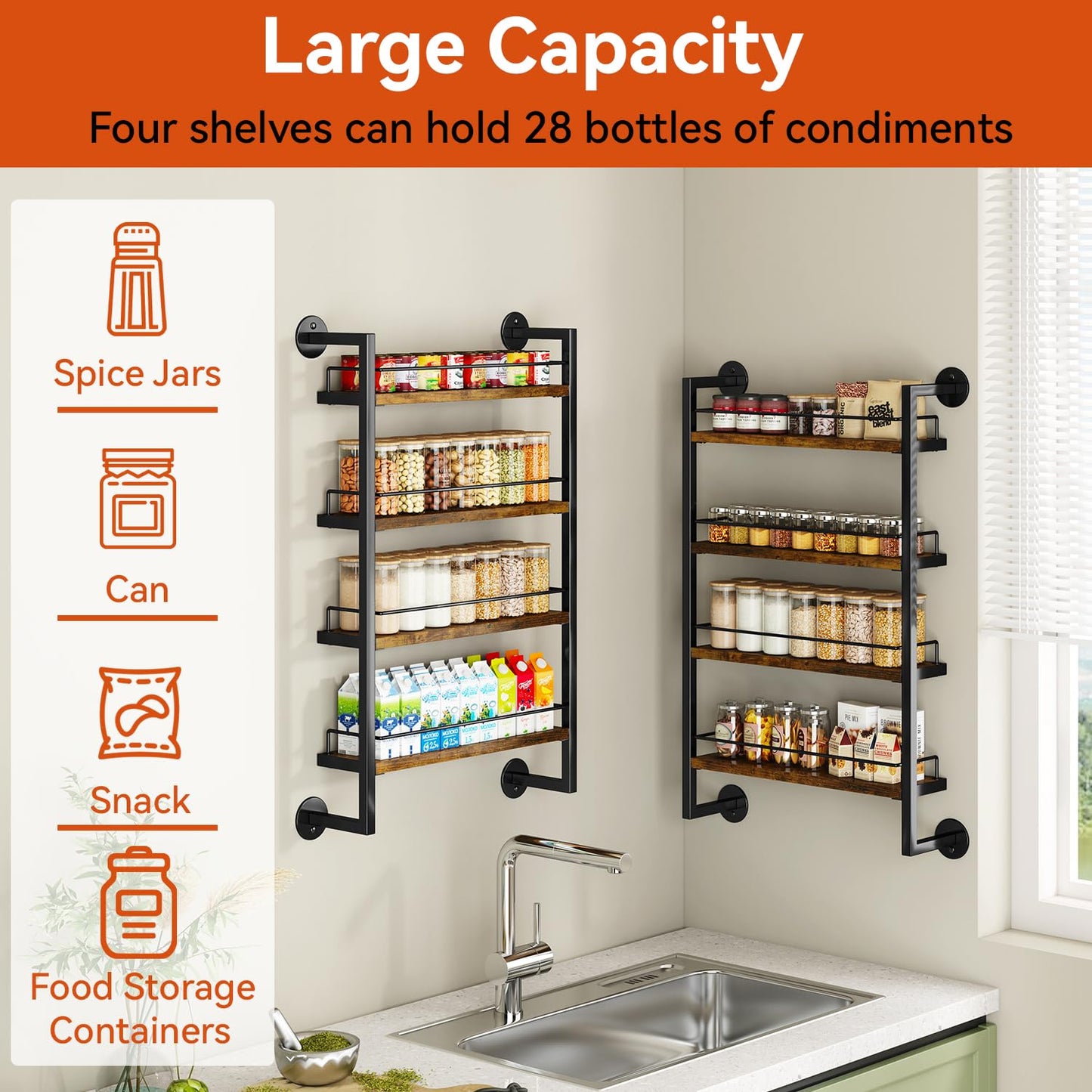 IBUYKE Spice Rack Wall Mount,4 Tier Hanging Seasoning Organizer,Large Spice Rack for Wall for up to 50 Jars,Spice Organization for Kitchen Cabinet,Bathroom,Pantry,Living Room,Brown TLJ016H
