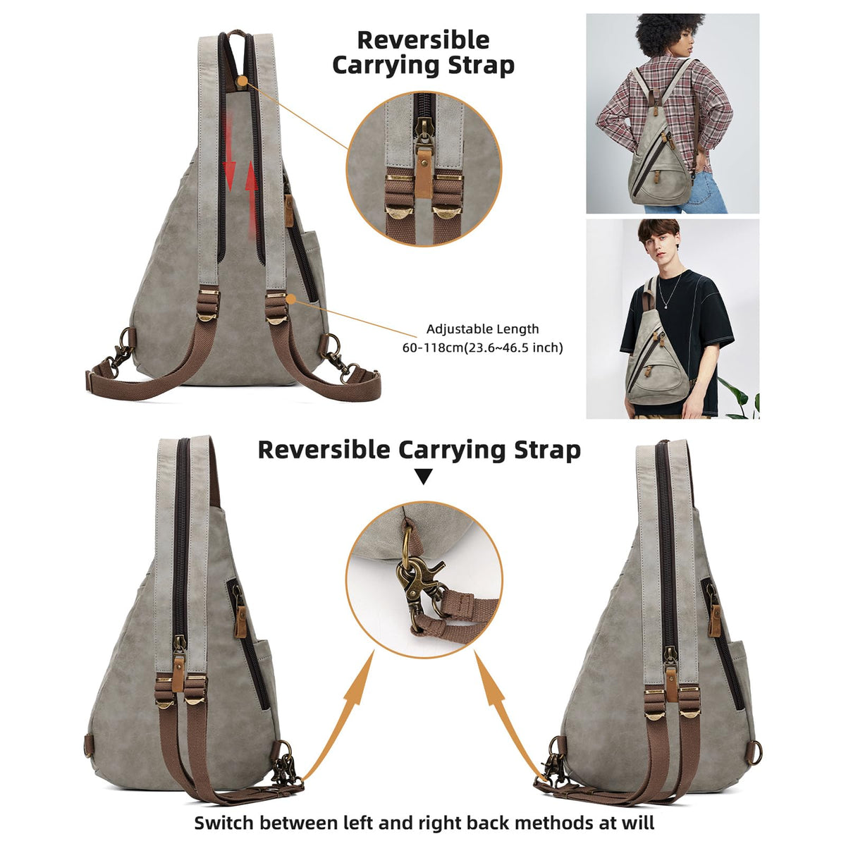 KL928 PU Leather Sling Bag - Small Crossbody Backpack Shoulder Casual Daypack Rucksack for Men Women(Leaden)