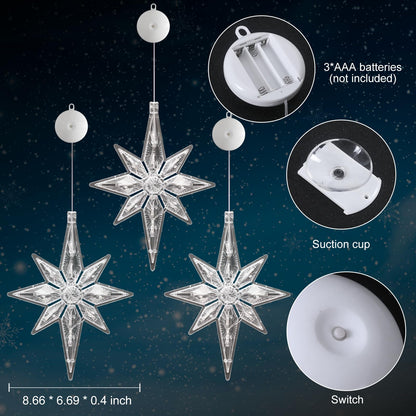 LYUBASA 3Pcs Christmas Window Lights Decorations with Timer,Battery Powered Christmas Window Hanging White Lighted Lucky Star Shaped LED Sucker Lamp for Xmas Tree Fireplace Window Indoor Outdoor Decor
