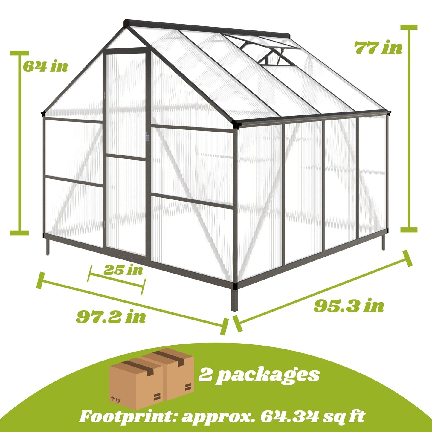 Fly by Yan 8x8 FT Greenhouse for Outdoors, Polycarbonate Greenhouse with Quick Setup Structure and Roof Vent, Aluminum Large Walk-in Green House for Outside Garden Backyard, Dark Gray