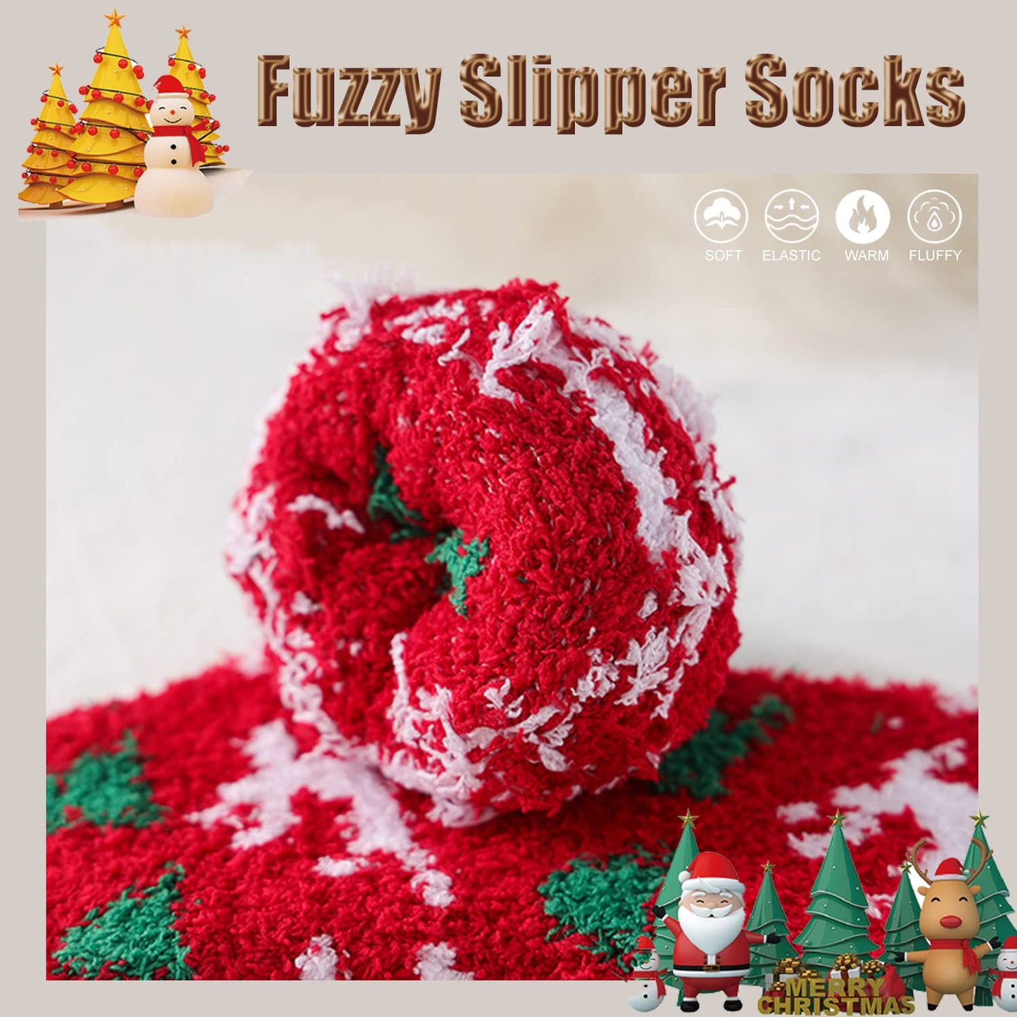 UTTPLL Gift Christmas Socks for Women Men Xmas Winter Fuzzy Socks Cute Funny Printed Fluffy Slipper Sock Set Cozy Warm Calf Dress Socks One Size
