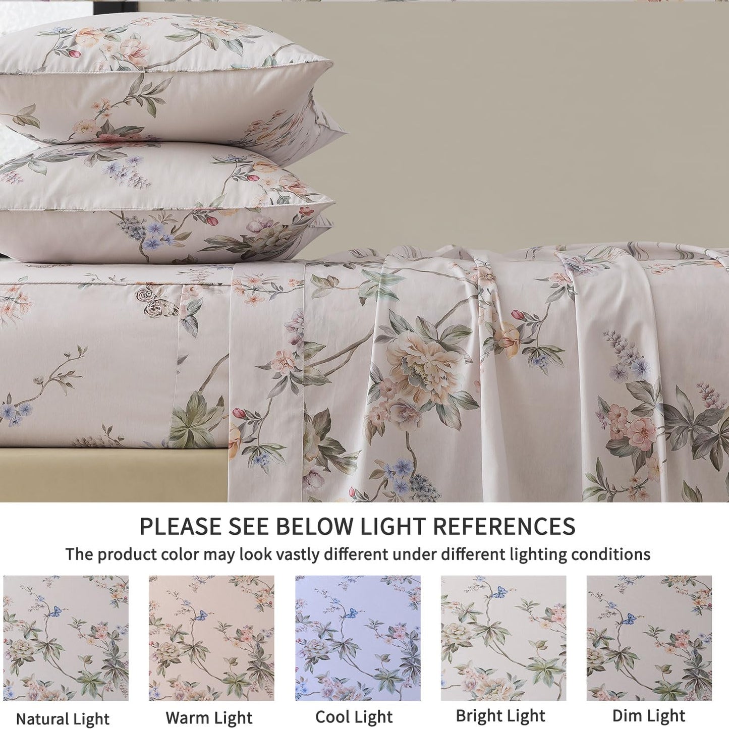 FADFAY California King Sheet Set Percale Cotton, Soft Deep Pocket Fitted Sheet, Country Style Floral & Butterfly Pattern Bedding for All Seasons, Crisp & Breathable for Hot Sleepers,4Pcs