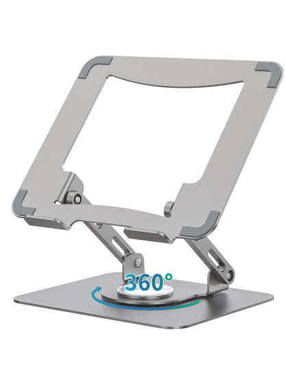 SOUNDANCE 360 Rotating Laptop Stand, Ergonomic Computer Riser for Desk, Adjustable Height Multi-Angle Metal Holder, Foldable Portable Notebook Elevating Base for Office & Home, Silver Grey