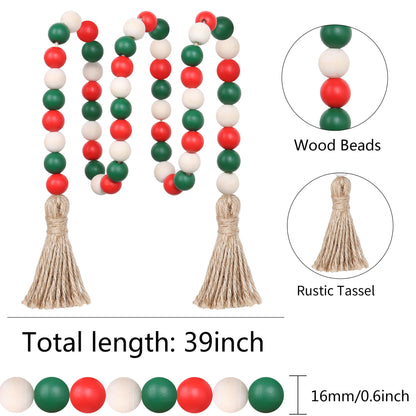 Christmas Wood Bead Garland,39in Farmhouse Beads with Tassels Tiered Tray Decor Wall Hanging Home Ornaments for Christmas Tree Decorations