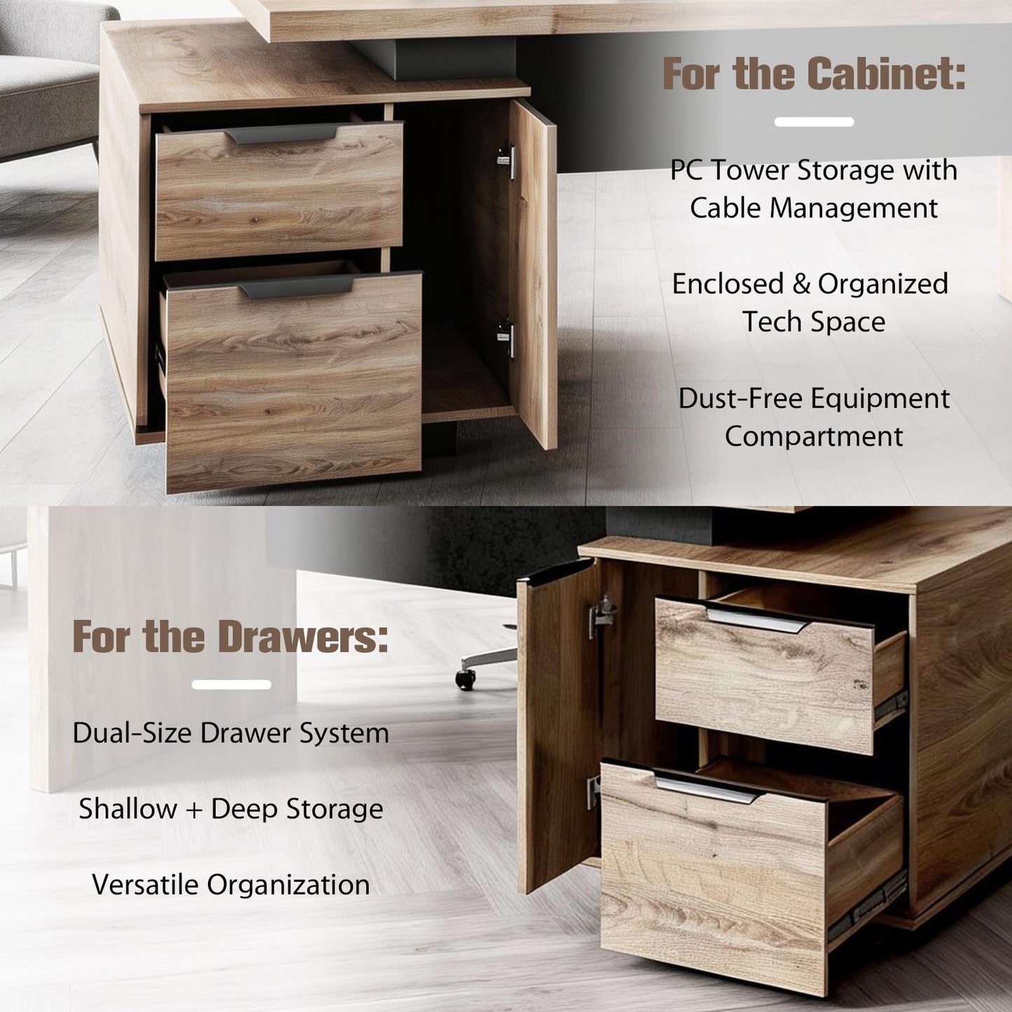 SAINTCY Modern Executive Desk with Storage Cabinet, Configurable Length 62.99" or 70.87", Large Office Desk with 2 Drawers, Home Office Desk with Reversible Cabinet &Cable Management (Mahogany, Left)