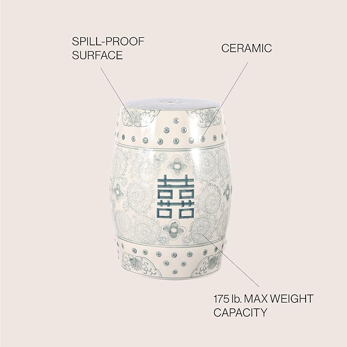 JONATHAN Y TBL1013C Double Happiness 18" Chinoiserie Ceramic Drum Indoor/Outdoor Garden Stool Bohemian, Coastal, Classic, Cottage, Traditional, Patio, Garden, Bathroom, Living Room, Gray Blue/White
