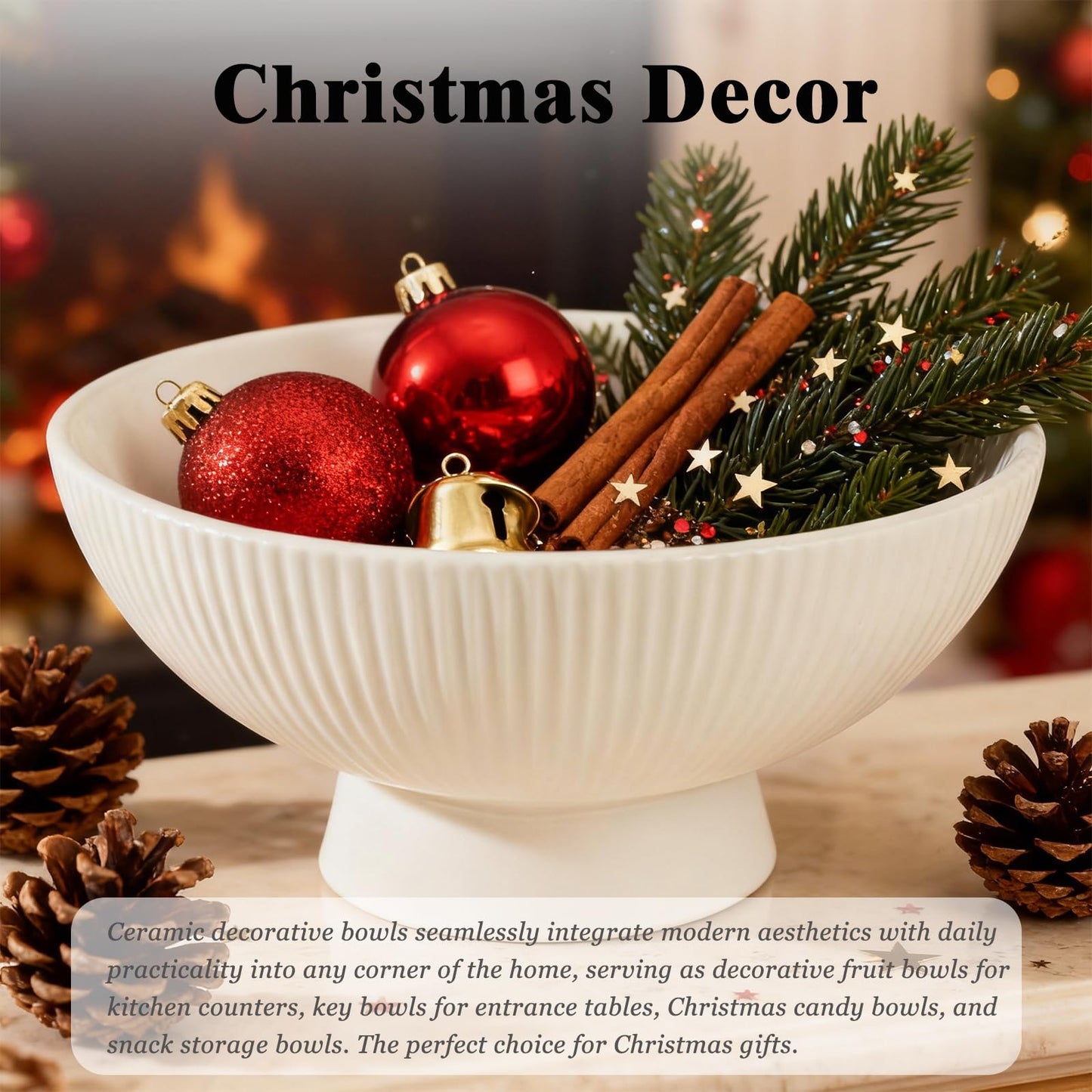 Richtmall Decorative Bowl 8 Inch Fruit Bowl for Kitchen Counter Modern Pedestal Footed Centerpiece Bowl for Coffee Table & Home Decor Fall Catch-All Bowl for Key, Candy, White