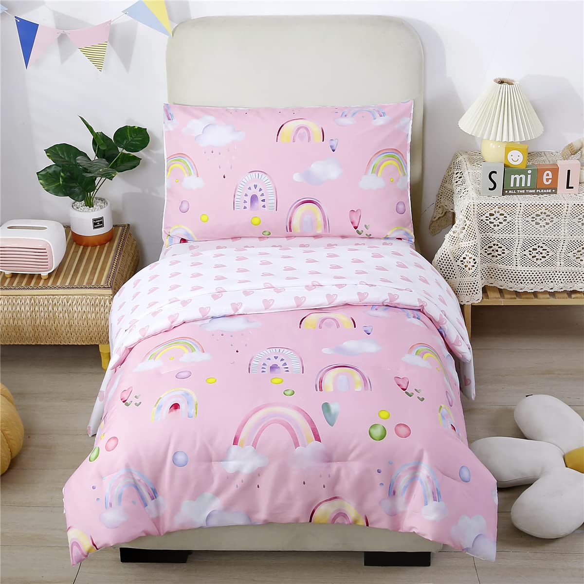 URBONUR 4-Piece Toddler Bedding Set - Ultra Soft Colorful Rainbow Cloud Pink Girls Toddler Comforter Set - Include Comforter, Flat Sheet, Fitted Sheet and Reversible Pillowcase