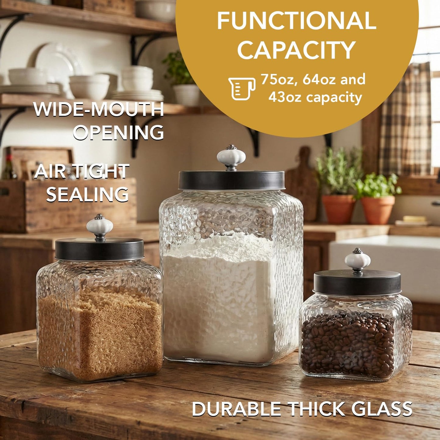 Style Setter Square Canister Set 3-Piece Glass Jars in 43, 64 and 75 ounces Chic Retro Design with Airtight Stainless Steel Lids for Cookies, Candy, Hammered