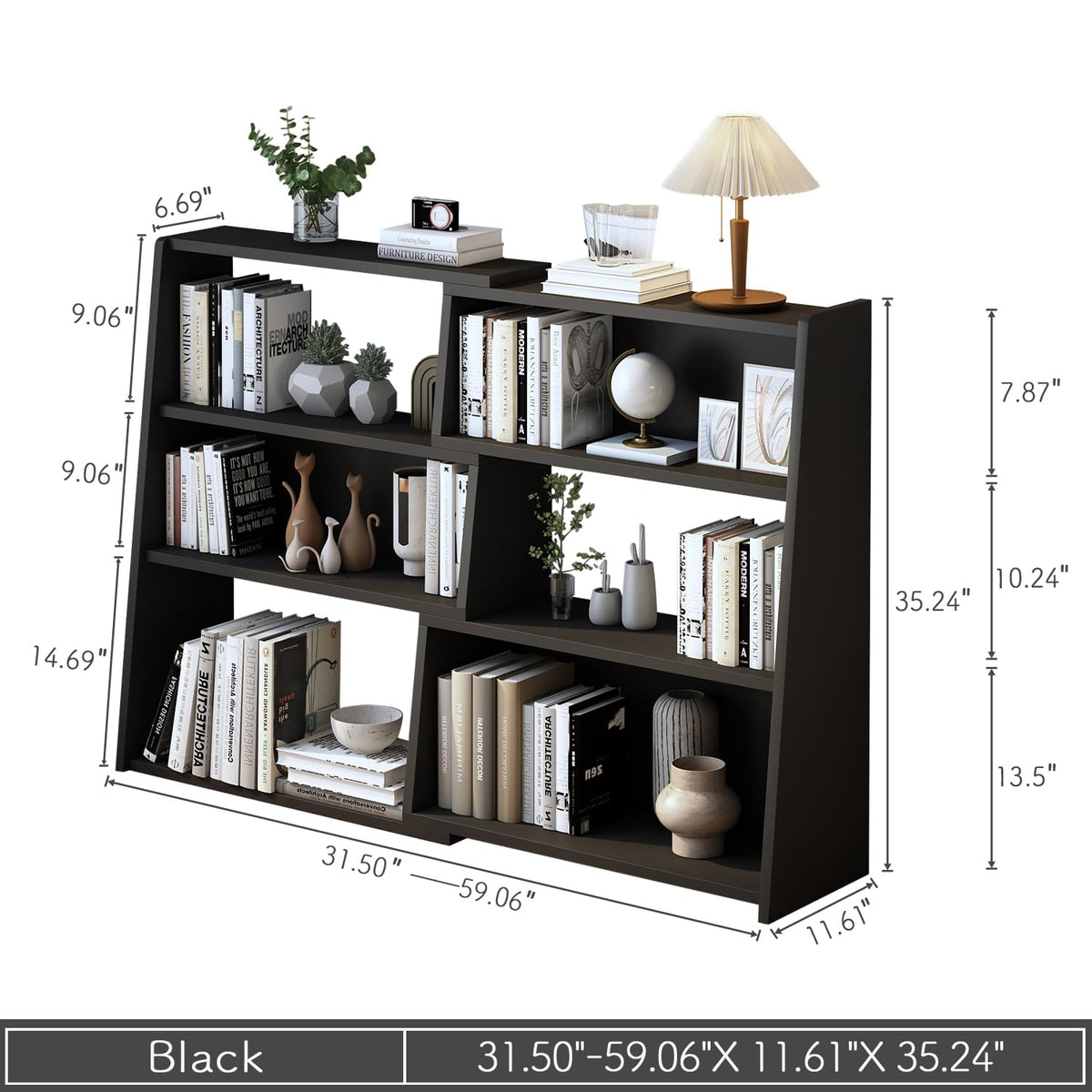 IOTXY Wooden Extendable Shelf Bookcase - 3-Tier Ladder Low Short Bookshelf for Small Space or Corner, Black, L