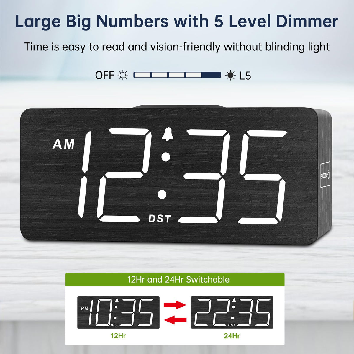 DreamSky Wooden Digital Alarm Clock with Wireless Charging for Bedroom, Bedside Nightstand Clock with Charger Station, USB Port, Large Numbers, Adjustable Volume, Brightness Dimmer, DST