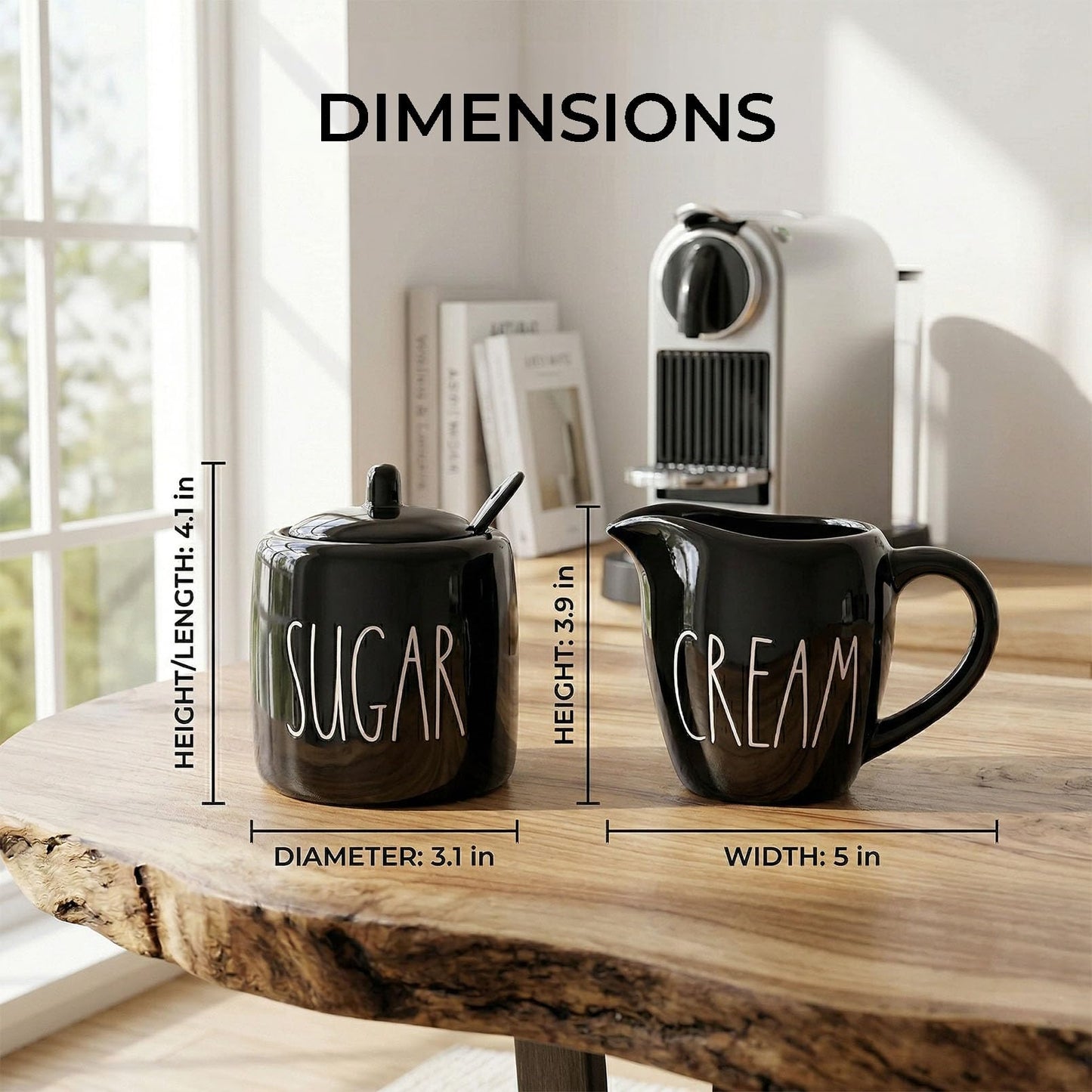 Sugar and Creamer Set, Cream Container and Sugar Holder Set for Coffee Bar, Farmhouse Sugar Bowl with Lid and Spoon, Ceramic Sugar Dispenser and Creamer Pitcher Set for Countertop (Black)