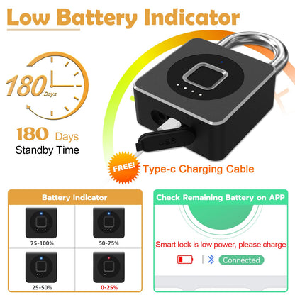 Pothunder Fingerprint Padlock, Fingerprint Lock with APP, Padlock with Keyless Biometric, Smart Padlock Waterproof Suitable for Gym, Locker, Gates, Fence and Storage, YL-P6BF