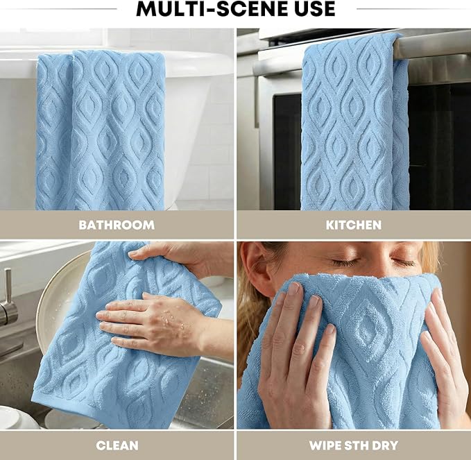 Artoid Mode 2 Pcs Light Blue 3D Diamond Grid Jacquard Hand Towels