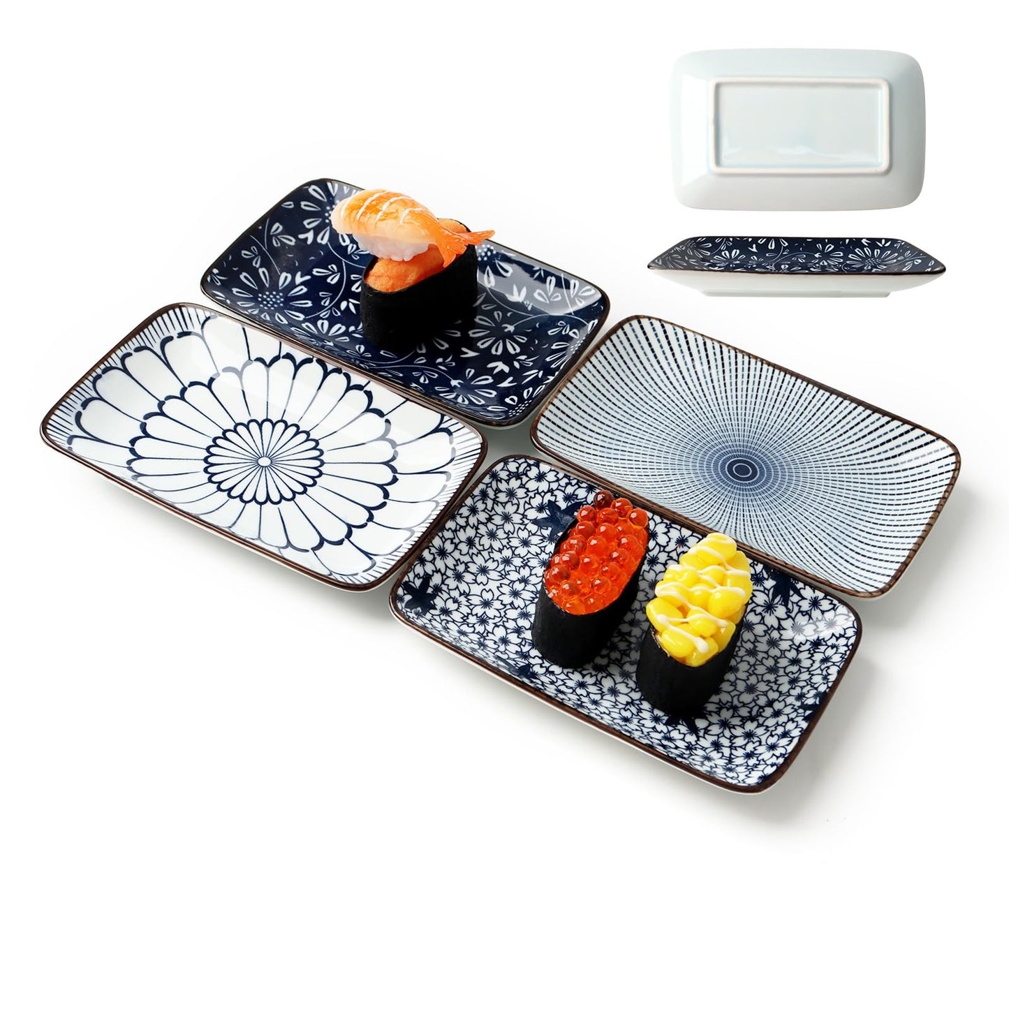 Kytree 4 Piece Japanese Sushi Plate Set, Rectangle Soy Sauce Dish Ceramic Dipping Bowl for Appetizer, Charcuterie, Dessert, Salad, Side Dishes