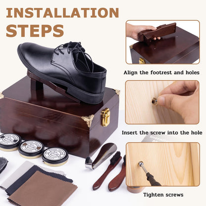 DigNew 10 Pcs Deluxe Shoe Shine Box Set & Shoe Care Polish Kit with Foot Rest, Wooden Care Tools Storage Box Perfect for Multi- Leather Shoes
