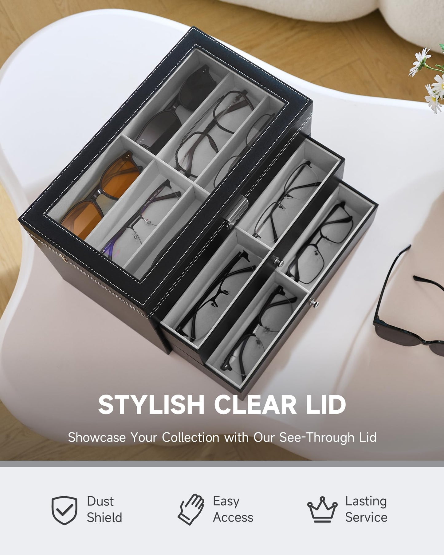 CO-Z 18 Compartment Sunglasses Organizer, Leather Eyeglasses Storage Box for Women Men, Lockable Eyewear Display Case with Drawer, Glasses Holder with 18 Slots for Watches Jewelry Collection, Black