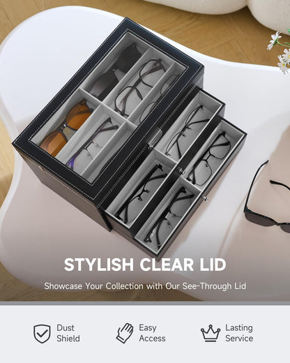 CO-Z 18 Compartment Sunglasses Organizer, Leather Eyeglasses Storage Box for Women Men, Lockable Eyewear Display Case with Drawer, Glasses Holder with 18 Slots for Watches Jewelry Collection, Black