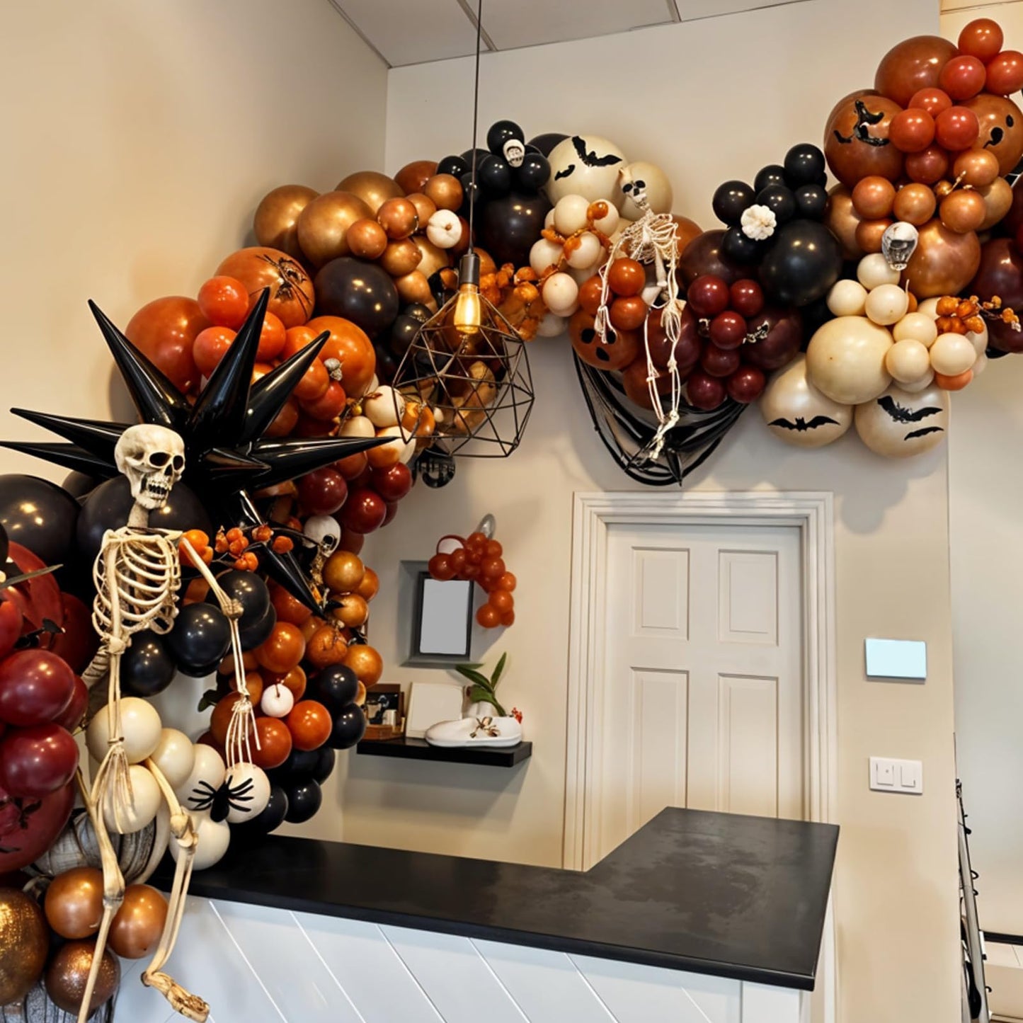 Halloween Balloon Arch Garland Kit, Black Burnt Orange Sand White Retro Orange Balloons, Spider and Black Striped Foil Balloons for Kids Halloween Birthday Party Decorations Baby Shower Backdrop